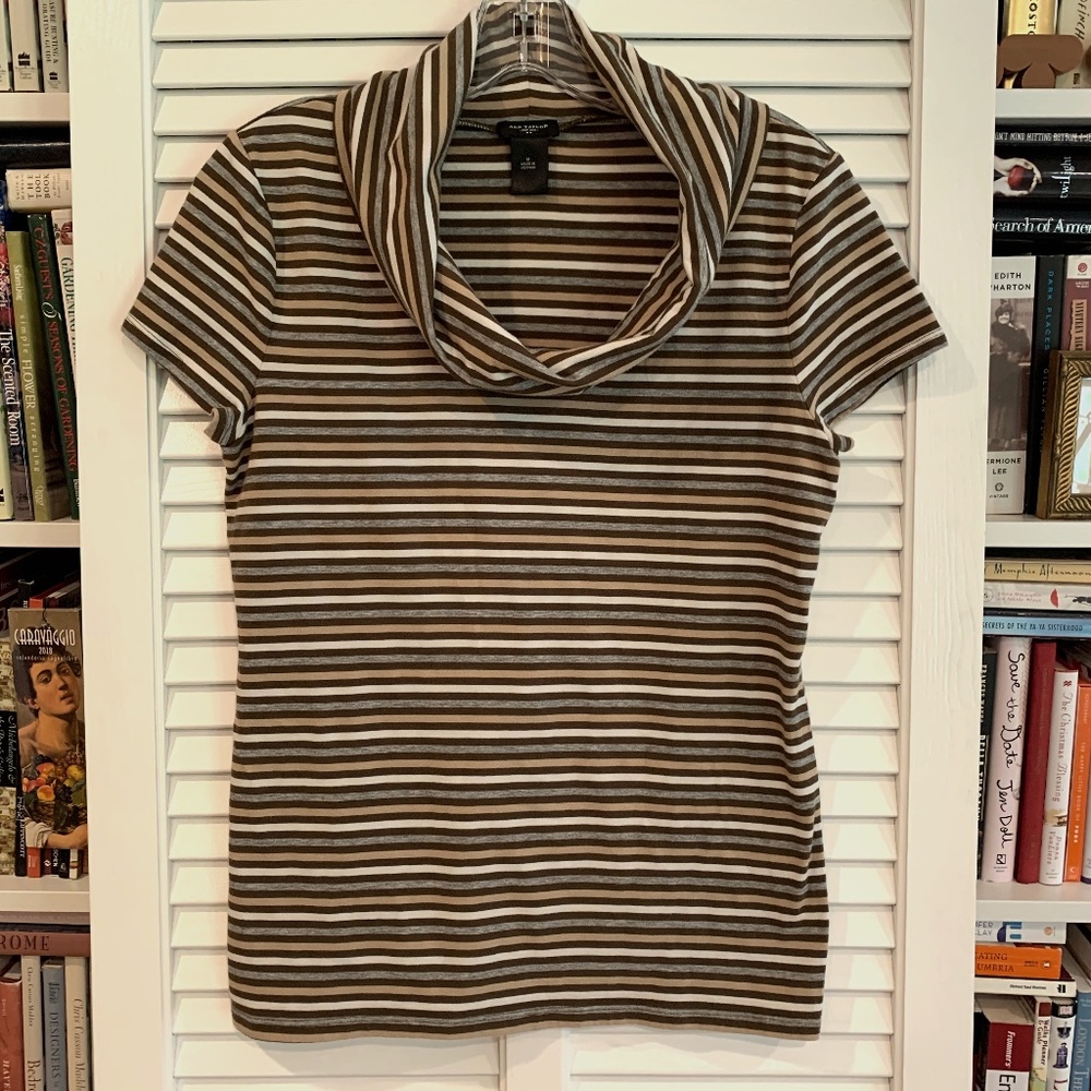 Ann Taylor Gray/Brown/Tan/Cream Striped Cowl Neck Short Sleeve Tee M